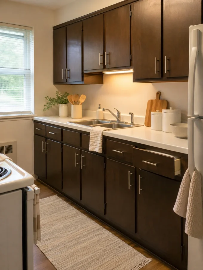 A kitchen sink with dark brown cabinets and white countertops