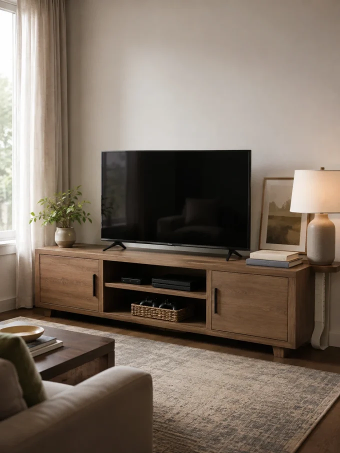 A large flat screen television on a wooden entertainment center