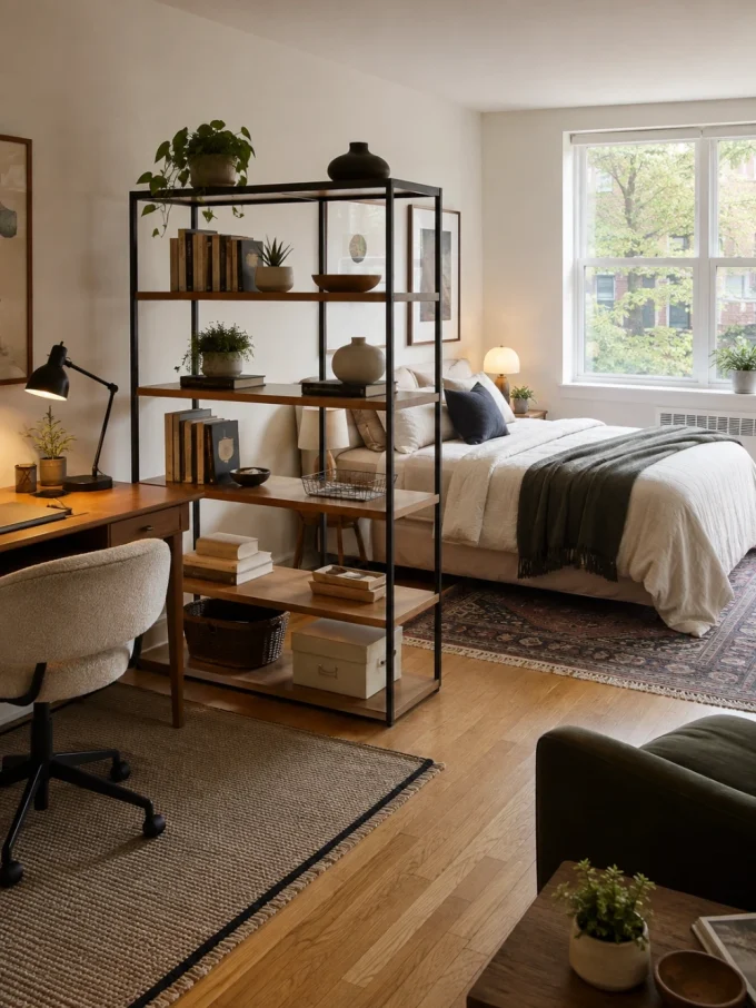 A bed with white bedding and a green blanket, beside a desk with a chair and a shelving unit.