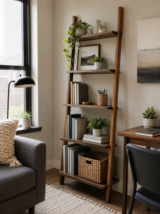 A wooden ladder bookshelf with plants, books, and decor
