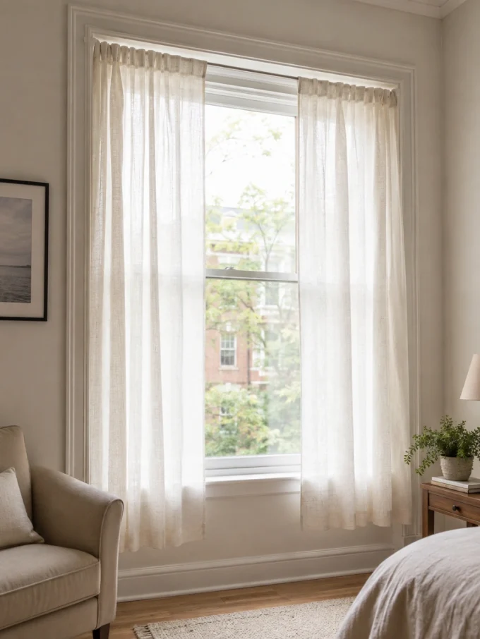 Sheer white curtains on a large window with a view of trees and a brick building outside