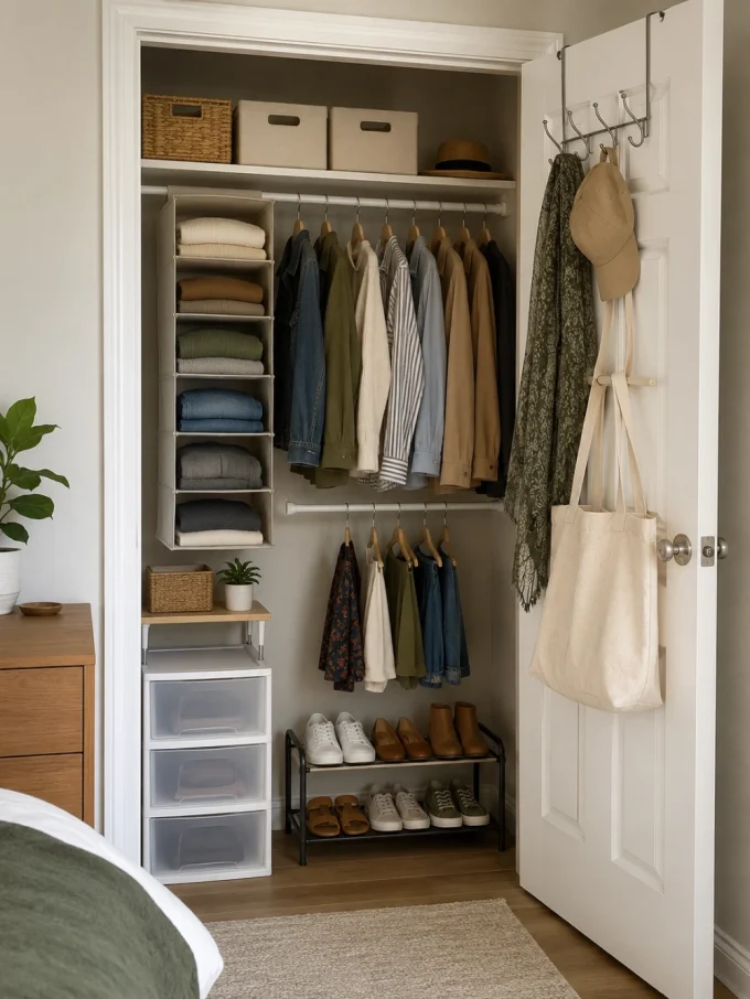 A neatly organized closet with clothes, shoes, and accessories.