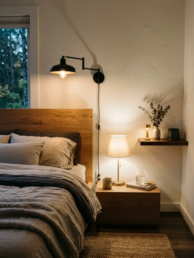 A bed with a wooden headboard and gray bedding, with a nightstand and lamp beside it.