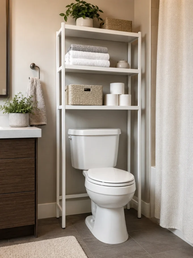 A white toilet with a tall shelving unit beside it