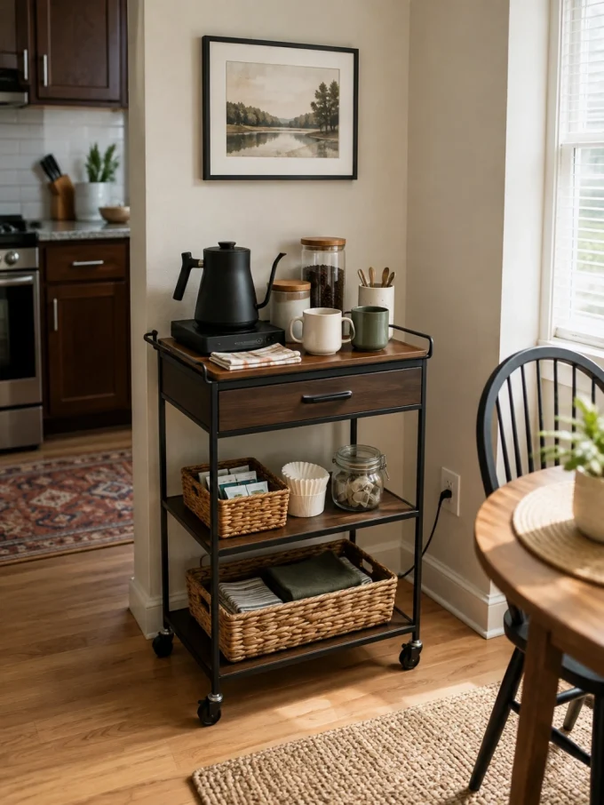 A coffee cart with a black kettle and mugs on top