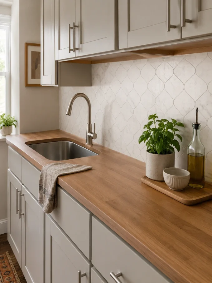 A kitchen sink with a potted plant, oil bottle, and bowl on a tray to its right.