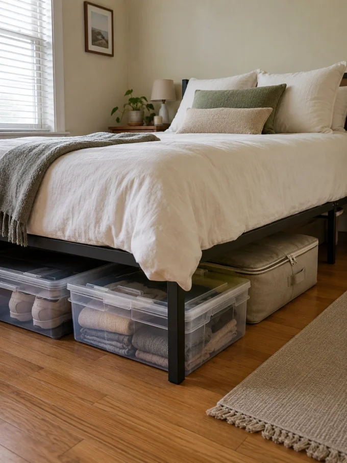 A bed with white sheets and pillows, with storage bins underneath