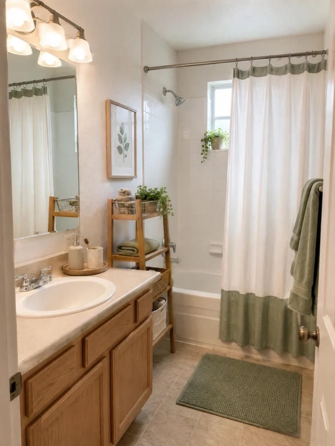 A white porcelain sink with a silver faucet and wooden vanity cabinet, beside a bathtub with a green and white shower curtain.