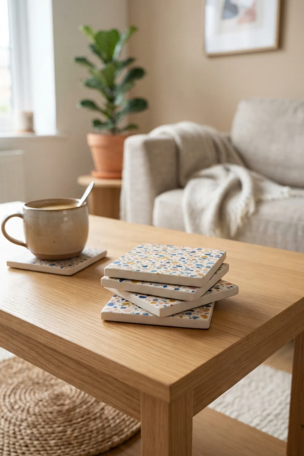 A stack of square terrazzo-patterned clay coasters on a wooden coffee table