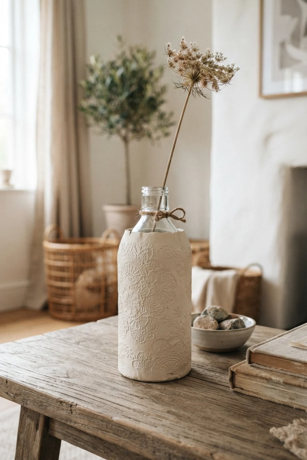 Glass bottle wrapped in textured off-white air dry clay with a lace pattern and a single dried flower