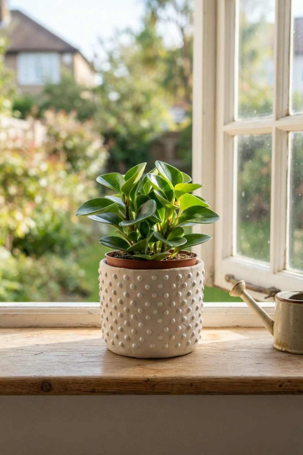 A small green plant in a white, polka-dot textured clay pot cover sitting on a wooden windowsill.