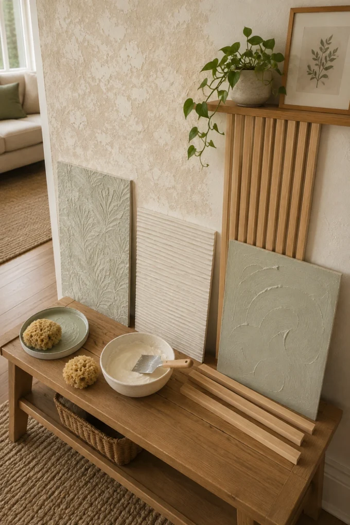 Simple texture wall ideas include reusing clean wood strips for shallow comb lines in compound.
