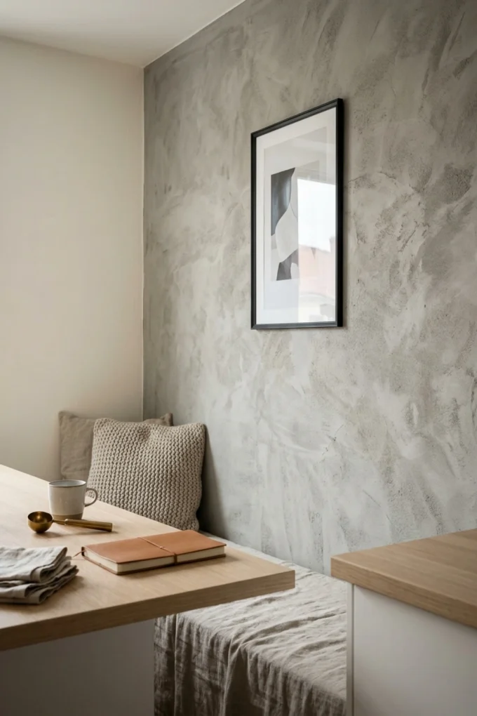 Wall texture with a concrete-inspired wall featuring picture frame, cushion, and brass accents.