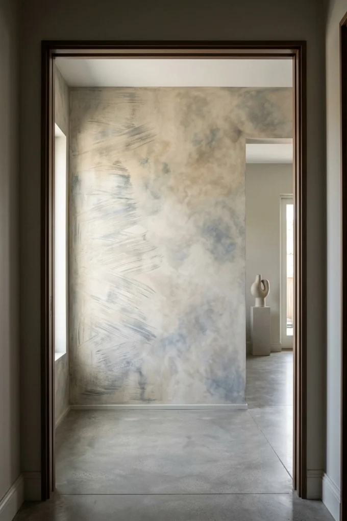 Wall texture with depth with a color-washed finish featuring blue accents, beige tones, and gray tones.