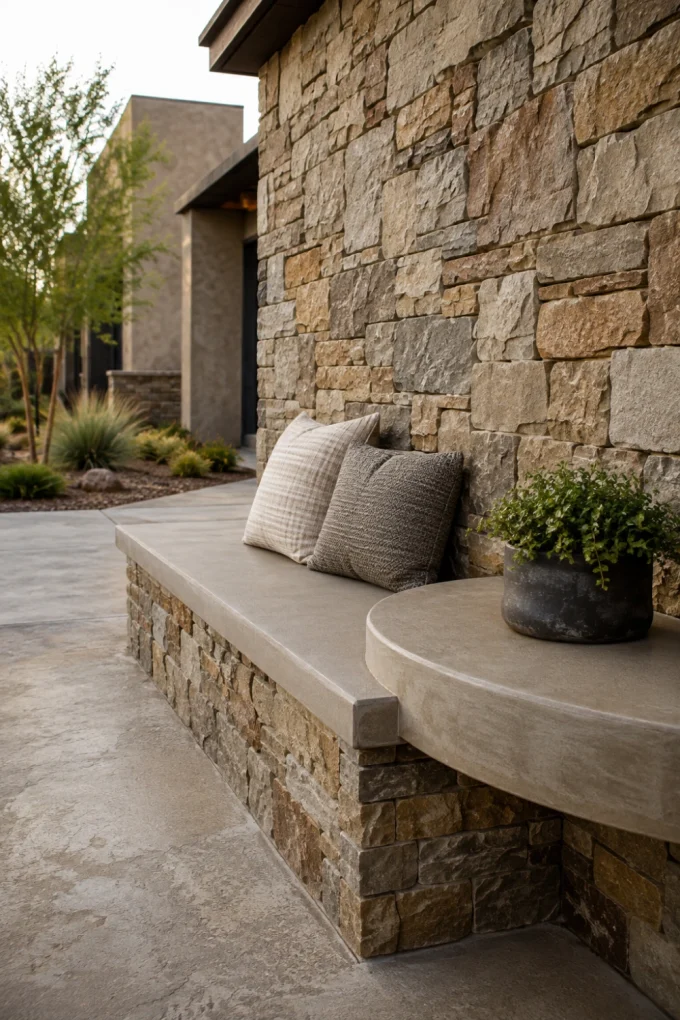 Exterior walls with a durable texture adding work space while preserving an open walkway.