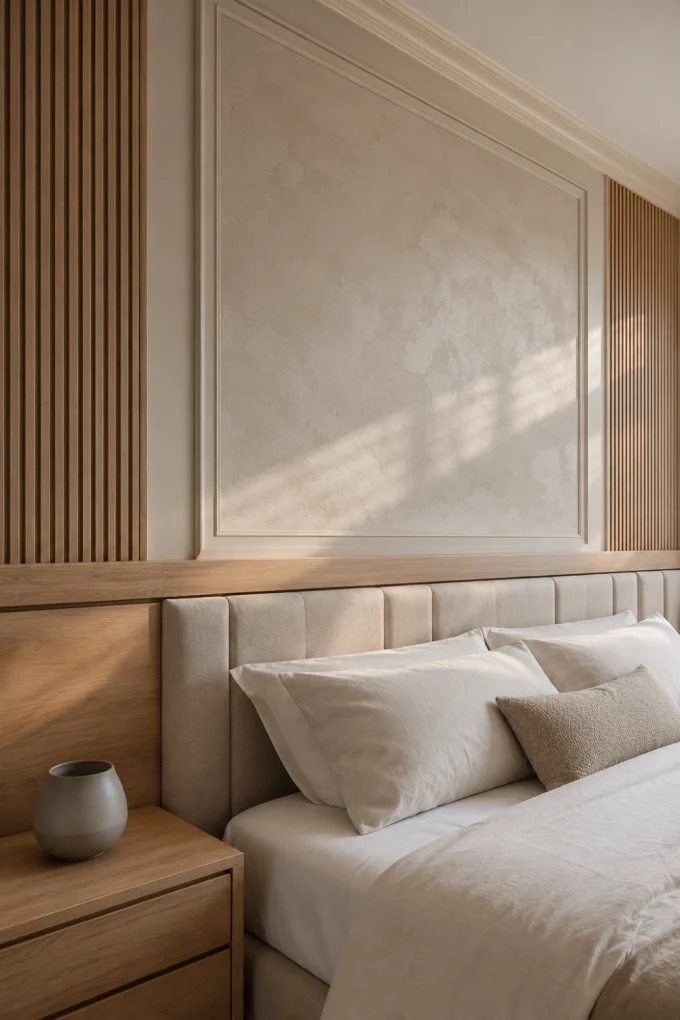 Wall texture with give the bedroom a softer focal point featuring light wood slats, wood tones, and suitable options include.
