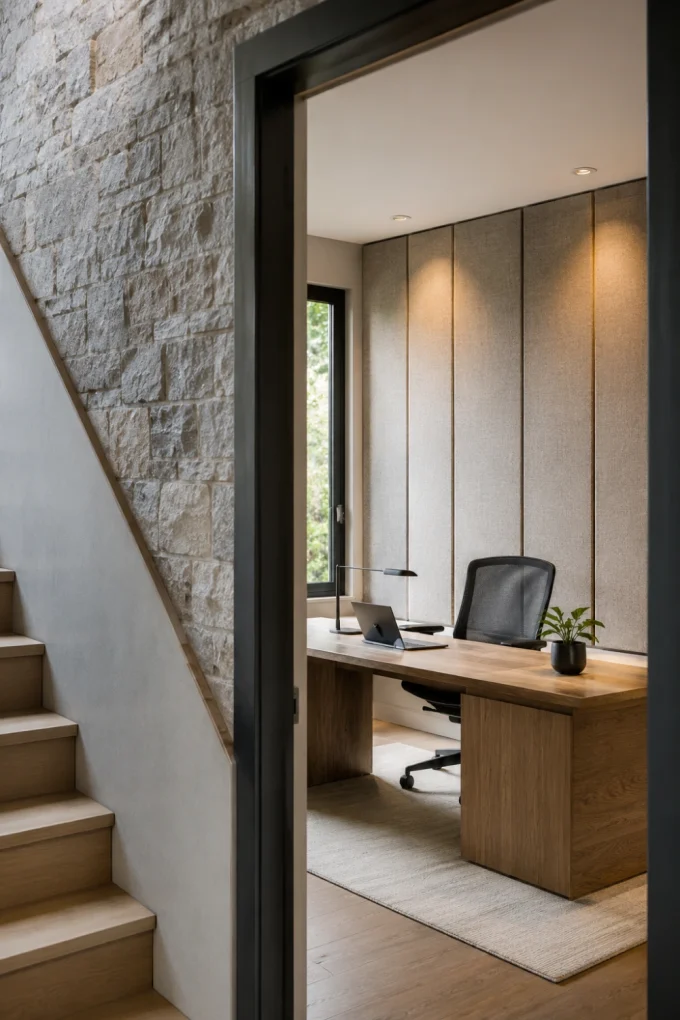 Wall texture with improve hallways, staircases, and offices featuring stone surfaces, staircase wall, and subtle acoustic panels.