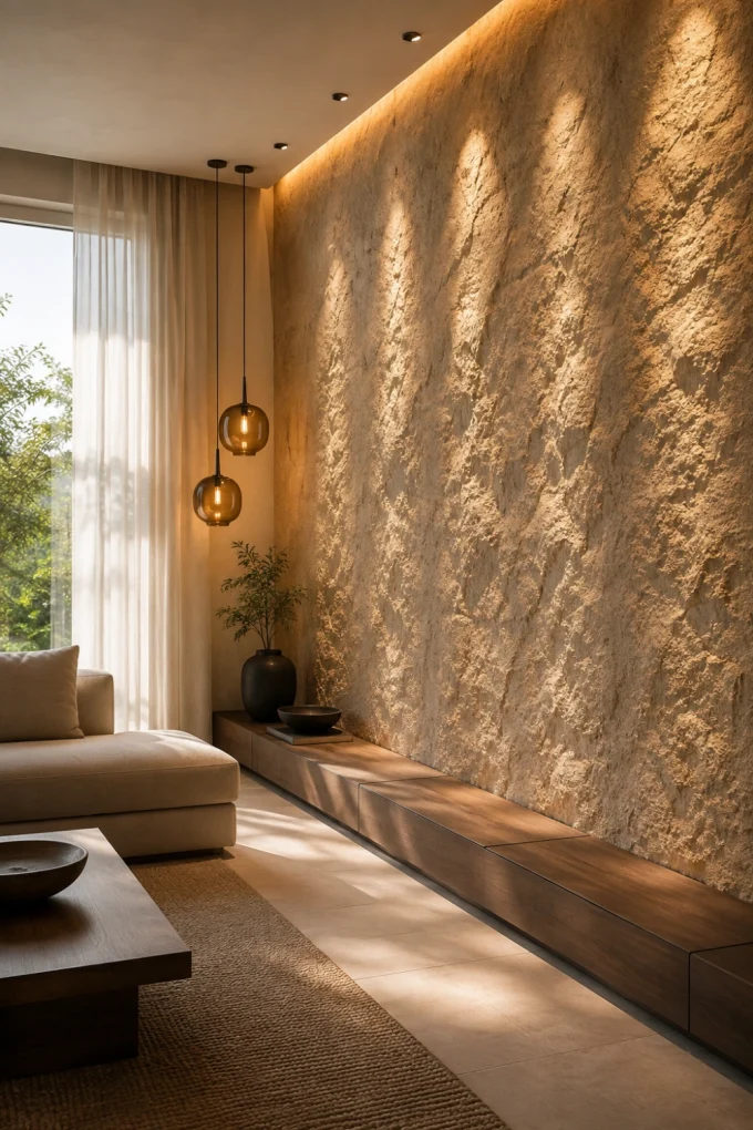 Two spherical pendant lights hang above a textured wall.