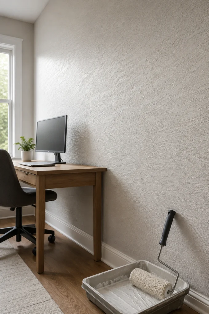 Wall texture with a roll-on finish for an accessible diy project.