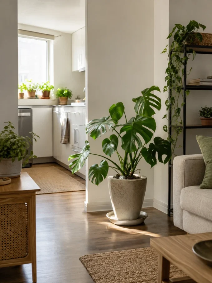 A large potted Monstera plant with green leaves in a living room.