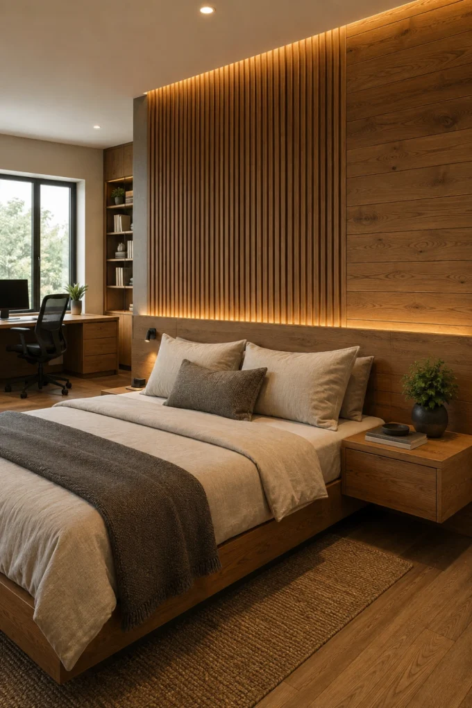 Office with behind a bed, wood wall texture, and oak finishes.