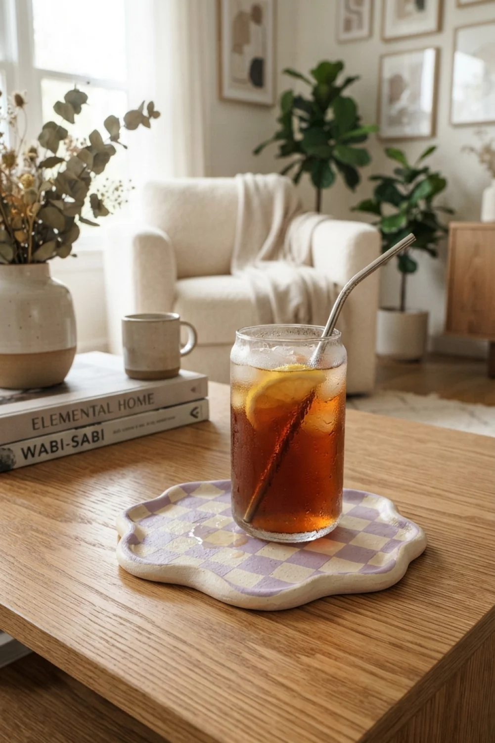 Wavy purple and cream checkerboard air dry clay coaster holding a glass of iced tea
