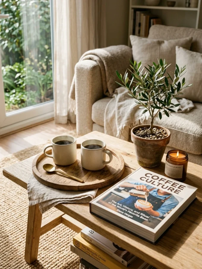 A coffee-inspired coffee table styling theme featuring beautiful coffee table books, stylish tray, and neutral tones.