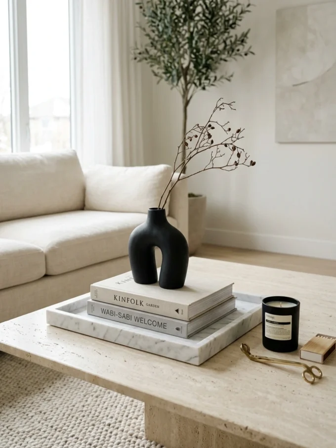 A marble tray holding three white books, a black vase with branches, a black candle, and gold scissors on a light-colored coffee table.