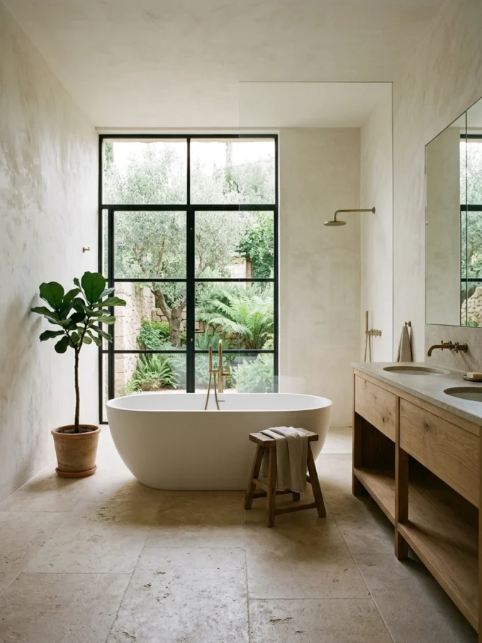 A freestanding white tub beside a potted tree and wooden stool, with a large window overlooking greenery and a wooden vanity to the right.