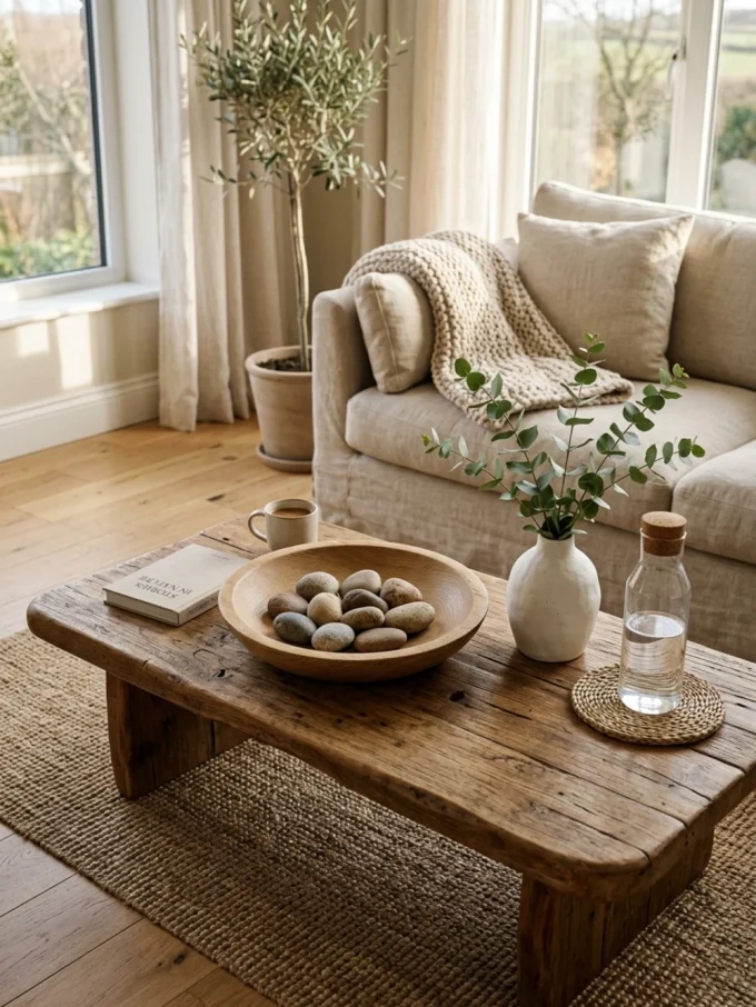 A wooden coffee table with a bowl of stones, a plant in a vase, and a bottle of water on a woven mat in front of a beige couch.