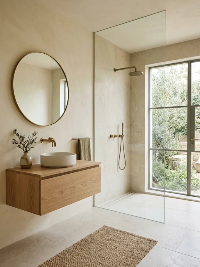 A bathroom with a wooden vanity, round mirror, and glass-enclosed shower with a view of greenery outside.