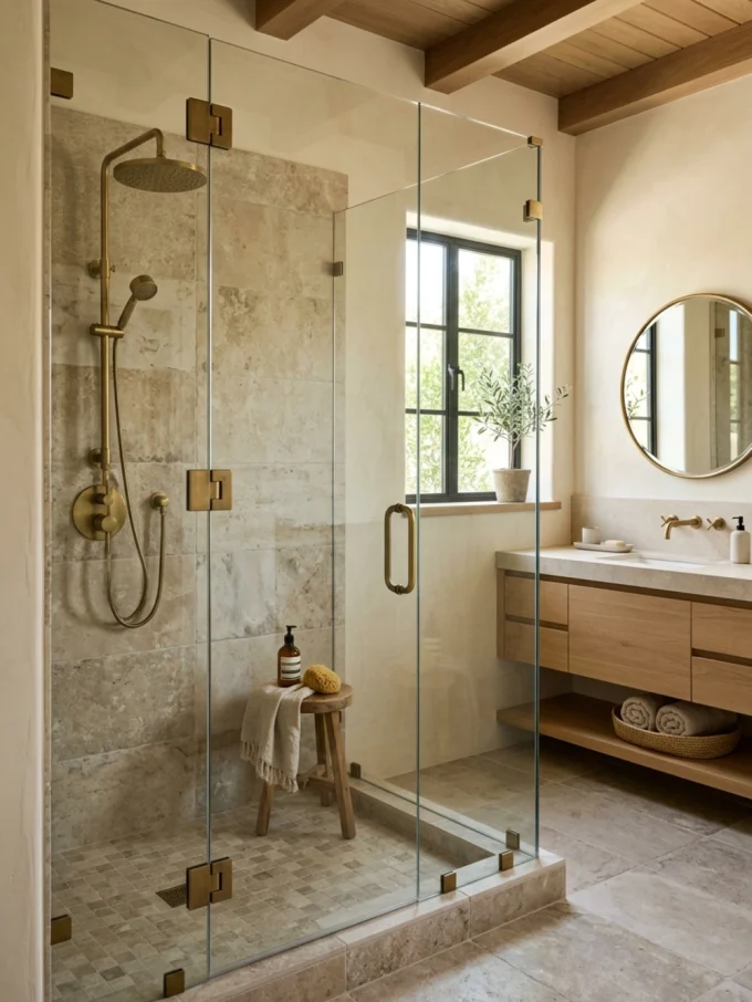 A small earthy bathroom with color blocking, featuring a glass-enclosed shower with beige tile and brass fixtures, a wooden vanity with a round mirror, and a window with a potted plant.