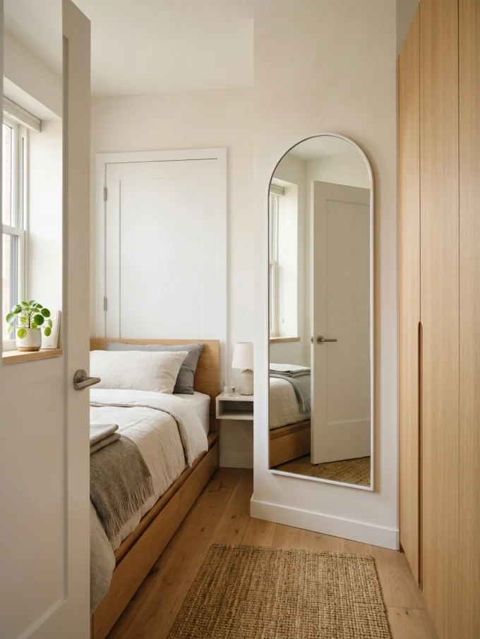 tall arched mirror on white wall beside bed and nightstand