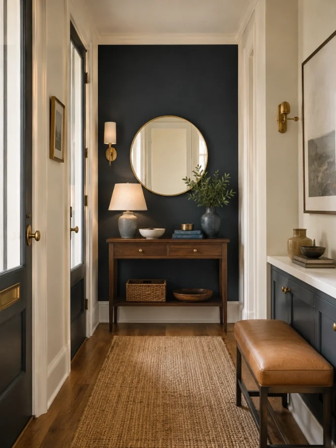 A console table with a lamp, mirror, and plant in a hallway