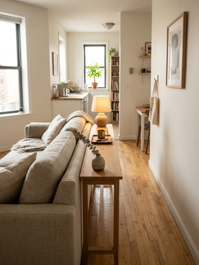 A narrow console table with a lamp, decorative vase, and tray behind a beige sofa in a studio apartment.