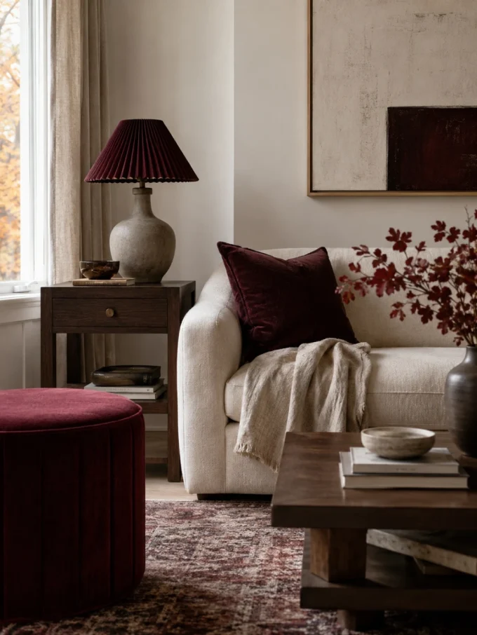 Cozy autumn living room with burgundy velvet accents, warm wood furniture, layered textiles, vintage rug, and soft natural light.