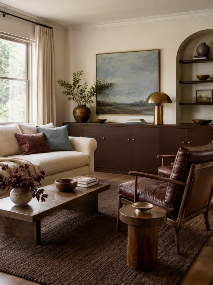 A living room with a brown leather chair, wooden side table, and coffee table, with a white couch and brown sideboard in the background.