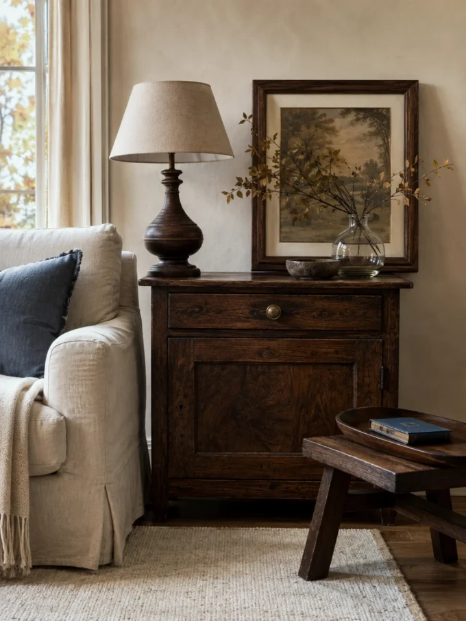 Dark wood side cabinet with lamp, vase, and framed picture on top