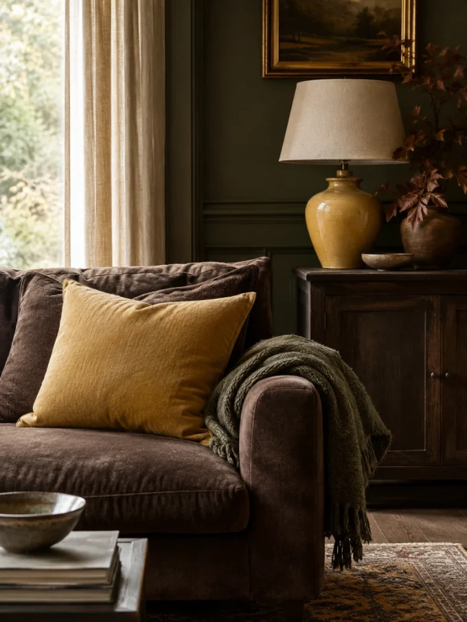 Brown sofa with yellow pillow and green throw blanket, beside dark wood sideboard with yellow lamp
