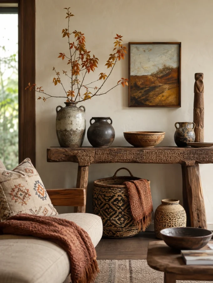 A rustic wooden console table with handmade ceramics and woven baskets
