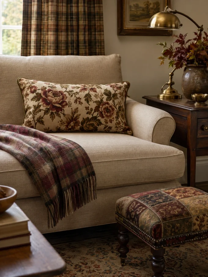A beige sofa with a floral pillow, plaid throw, and patchwork footstool