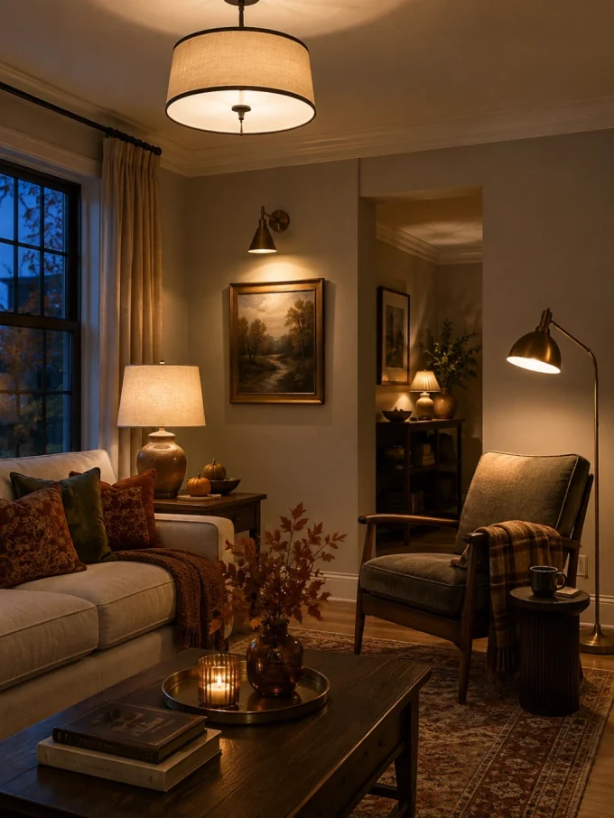 Cozy autumn living room with layered ceiling, table, wall, and floor lighting, warm neutral furniture, seasonal foliage, and rich textured fabrics.