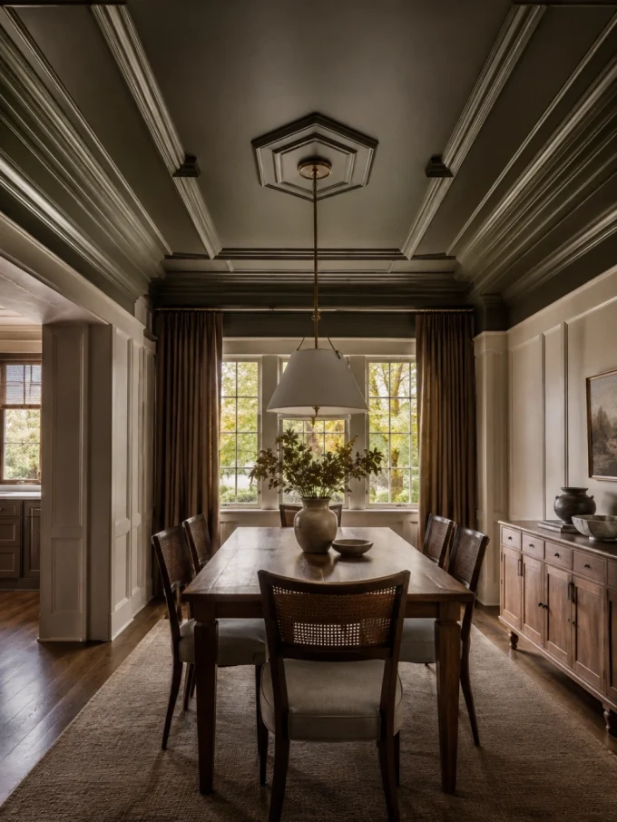 A dining room with a dark green ceiling, white coffered details, and a wooden table set with chairs and a vase of flowers.
