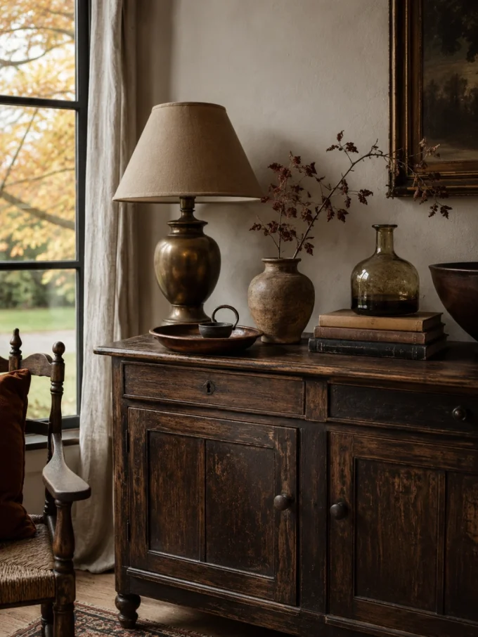 A dark wooden sideboard with a lamp, vase, books, and glassware on top, near a window with autumn foliage outside.