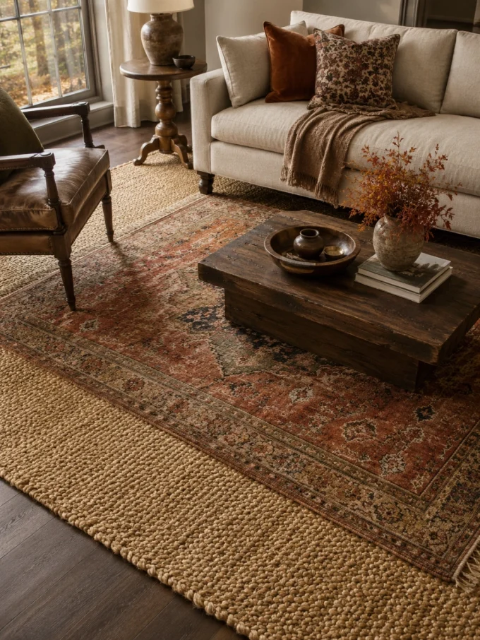 Layered living room floor with vintage rug over natural fiber base