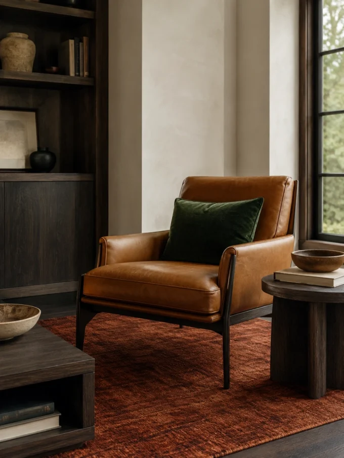 A caramel leather chair with a dark green pillow on a rust-colored rug