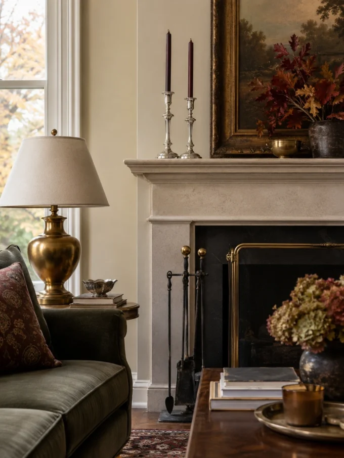A brass lamp and silver candlesticks on a side table beside a green sofa, with a fireplace and painting in the background.
