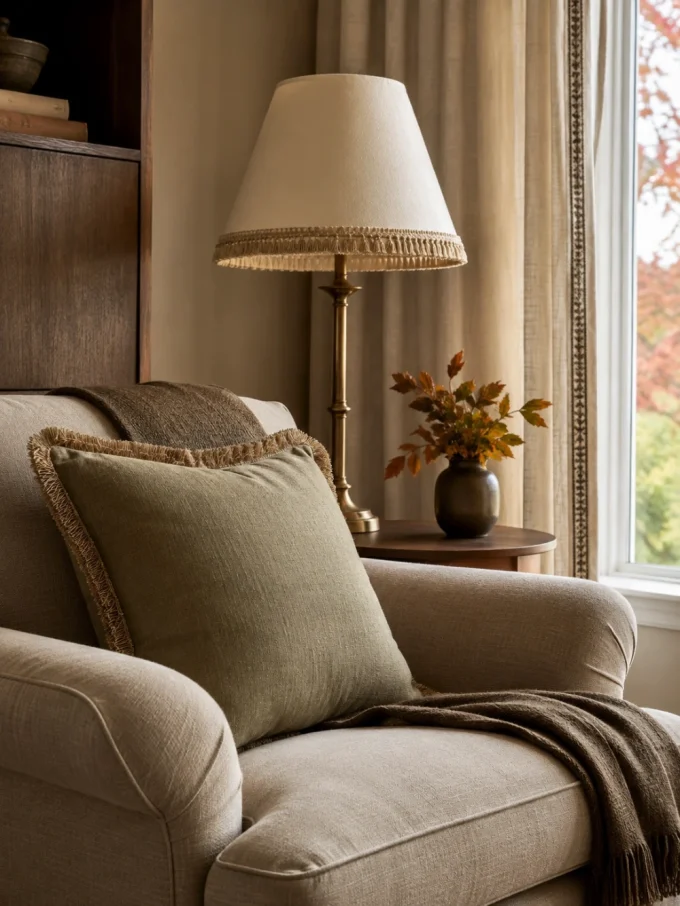 A beige armchair with a fringed green pillow and brown throw, beside a lamp with a fringed shade.