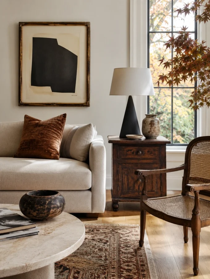 A beige sofa with brown pillows, a wooden side table with a lamp and vase, and a wicker chair beside a round coffee table with a bowl.