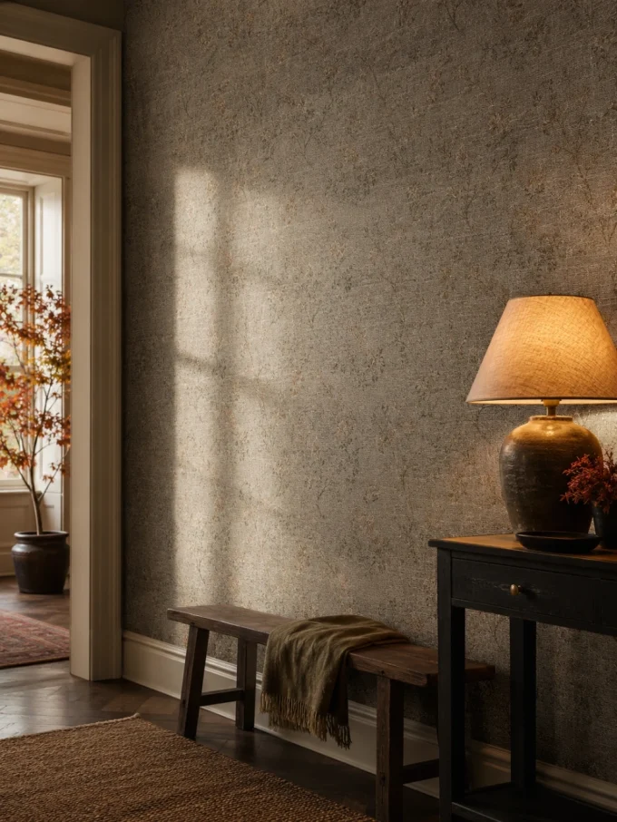 Textured wallpaper on a wall with a wooden bench, table, and lamp